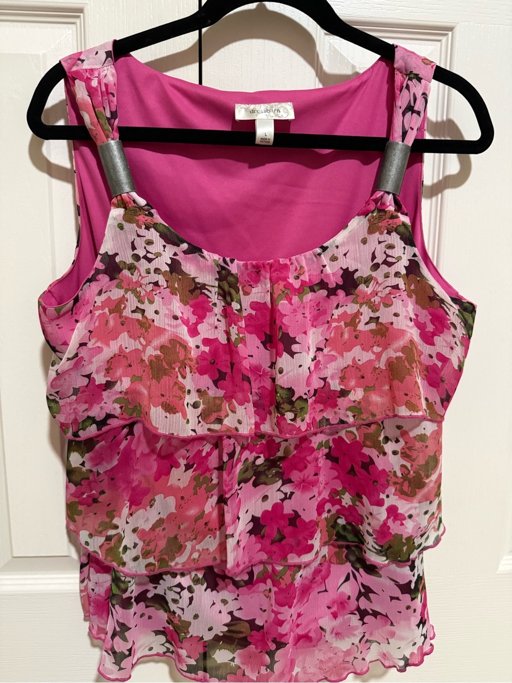 DressBarn Pink Floral Tiered Tank Top with silver accents